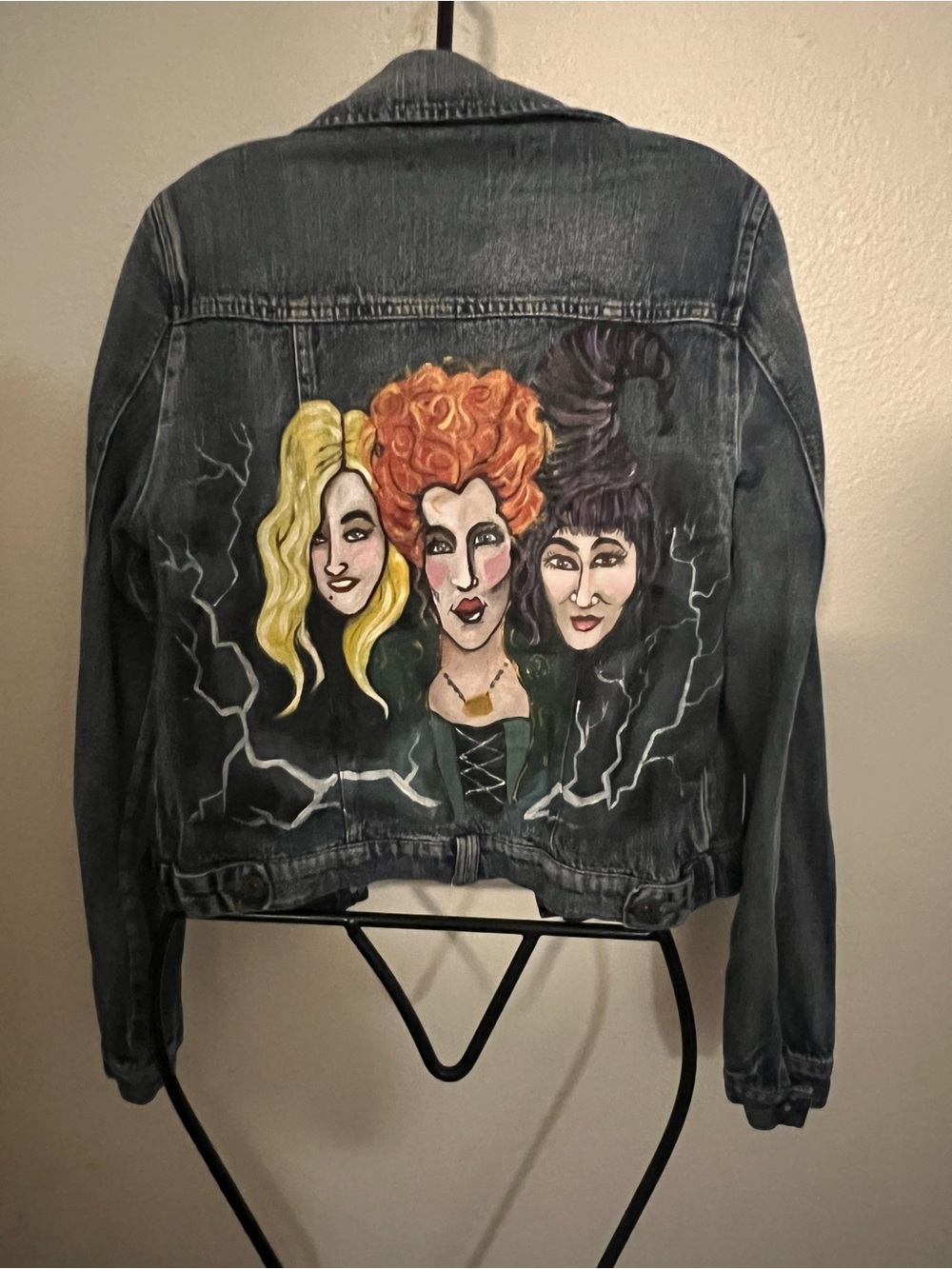 Forever 21 Black Denim Jacket with Hand-Painted Hocus Pocus Artwork